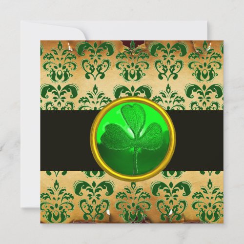 GREEN BROWN DAMASK PARCHMENT WITH SHAMROCK black Invitation