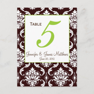 Green Brown Damask Wedding Table Number Card
