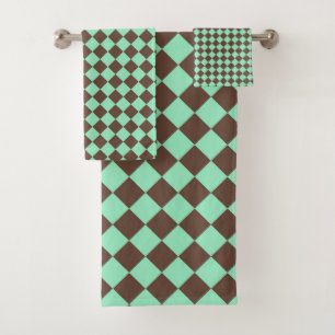 Green Brown Diamond Checker Pattern Bath Towel Set