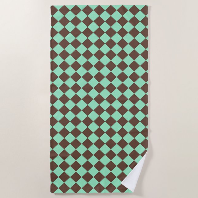 Green Brown Diamond Checker Pattern Beach Towel (Front)