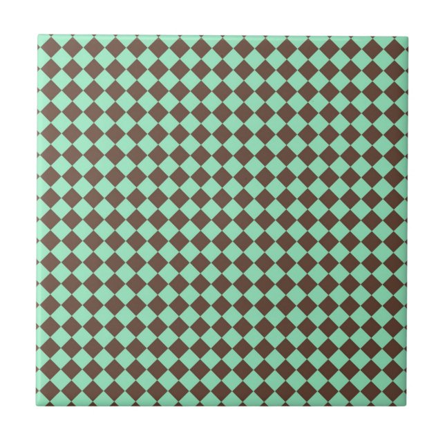 Green Brown Diamond Checker Pattern Ceramic Tile (Front)