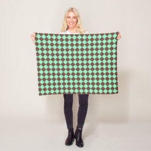 Green Brown Diamond Checker Pattern Fleece Blanket