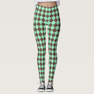 Green Brown Diamond Checker Pattern Leggings