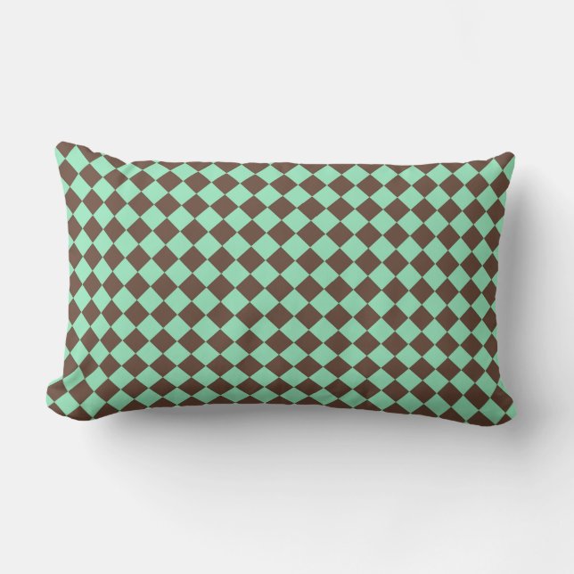 Green Brown Diamond Checker Pattern Lumbar Pillow (Front)