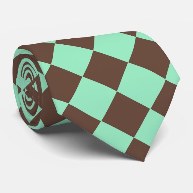 Green Brown Diamond Checker Pattern Neck Tie (Rolled)