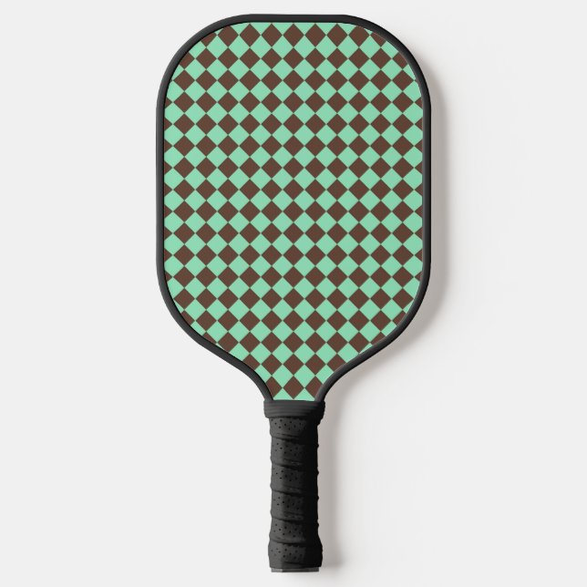 Green Brown Diamond Checker Pattern Pickleball Paddle (Front)