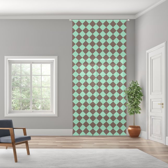 Green Brown Diamond Checker Pattern Sheer Curtains (Wide)