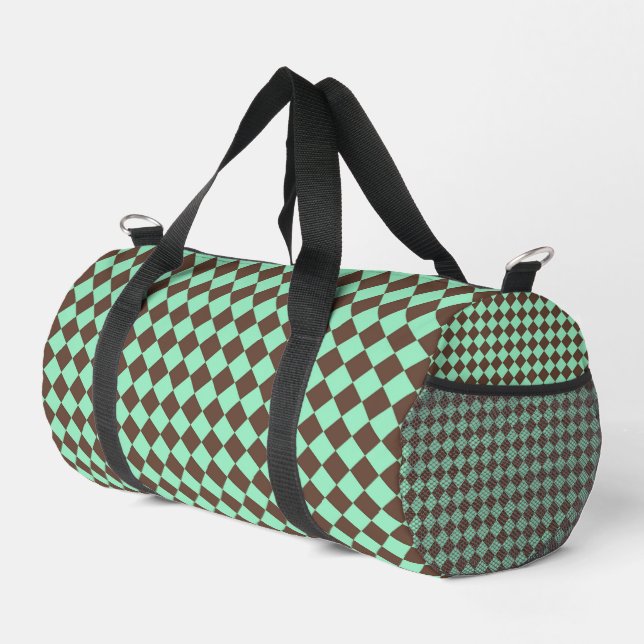 Green Brown Diamond Checker Pattern Small Duffle Bag (Right Corner)