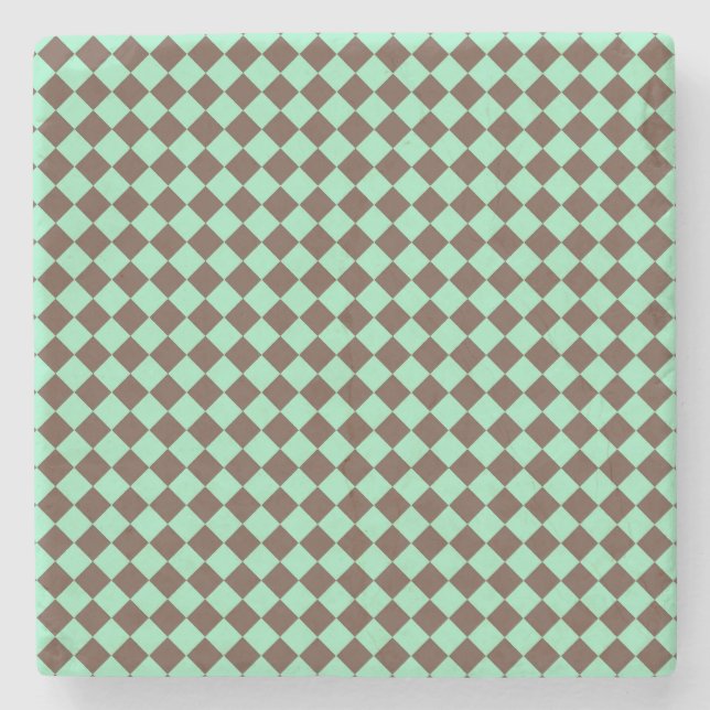 Green Brown Diamond Checker Pattern Stone Coaster (Front)