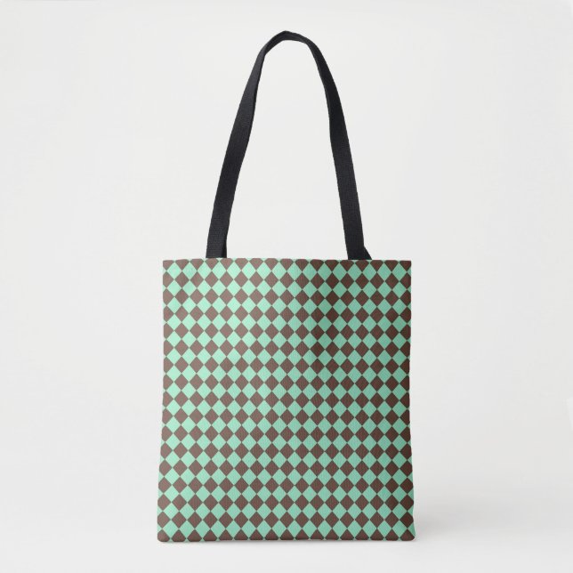 Green Brown Diamond Checker Pattern Tote Bag (Front)