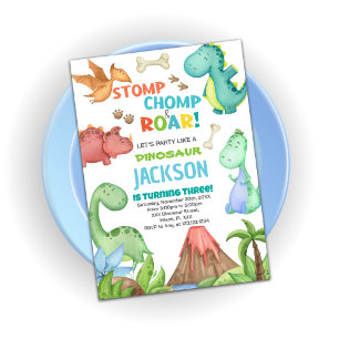 Green Brown Dinosaur Birthday Invitations