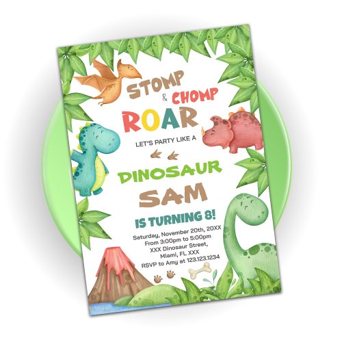 Green Brown Dinosaur Birthday Invitations