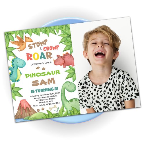 Green Brown Dinosaur Birthday Invitations w photo