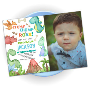Green Brown Dinosaur Birthday Invitations w photo