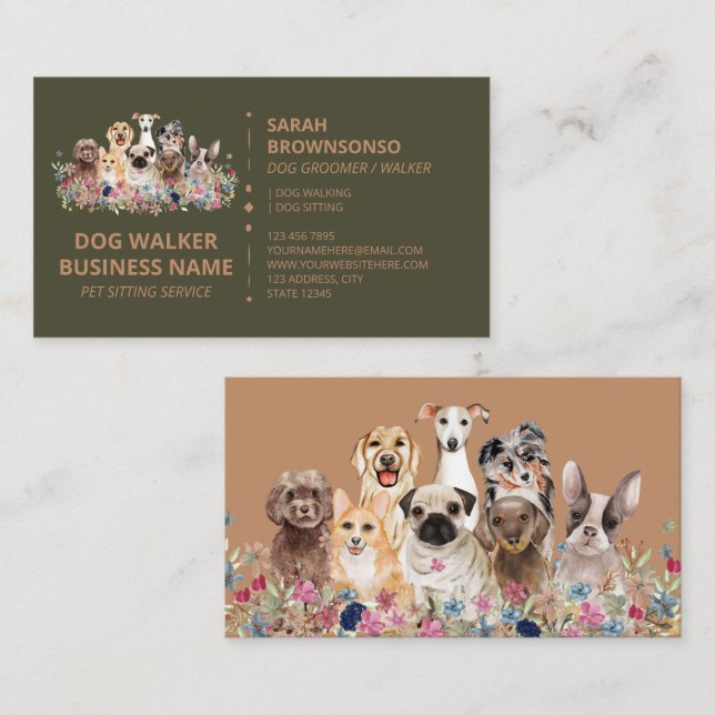 Green Brown Dog Walking Service Boutique Pet Business Card (Front/Back)