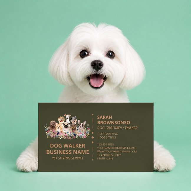 Green Brown Dog Walking Service Boutique Pet Business Card
