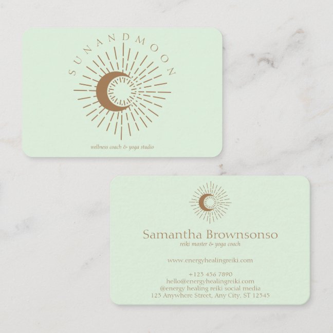 Green Brown Elegant Modern Celestial Sun Moon Business Card