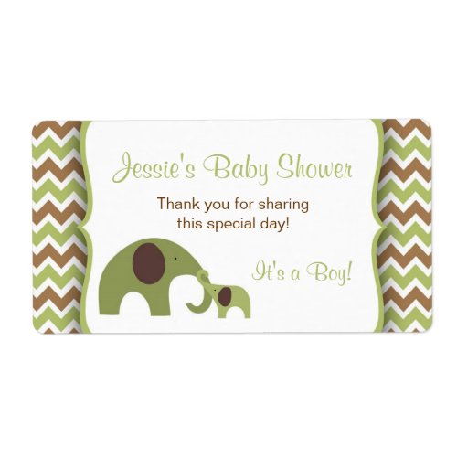 Green  Brown Elephants Water Bottle Favor Labels