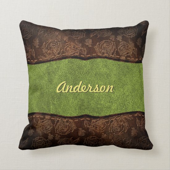 Green+Brown Embossed Rose Custom Faux Leather Throw Pillow