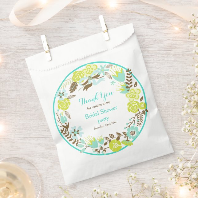 Green & Brown Floral Wreath Bridal Shower Favor Bag (Clipped)