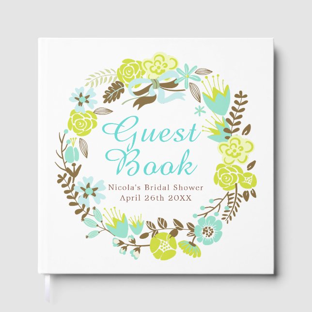 Green & Brown Floral Wreath Bridal Shower  Guest Book (Front)