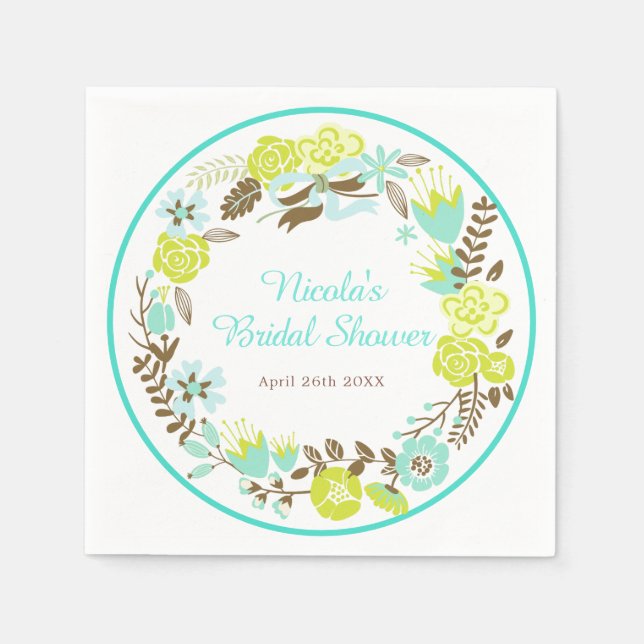 Green & Brown Floral Wreath Bridal Shower Napkins (Front)