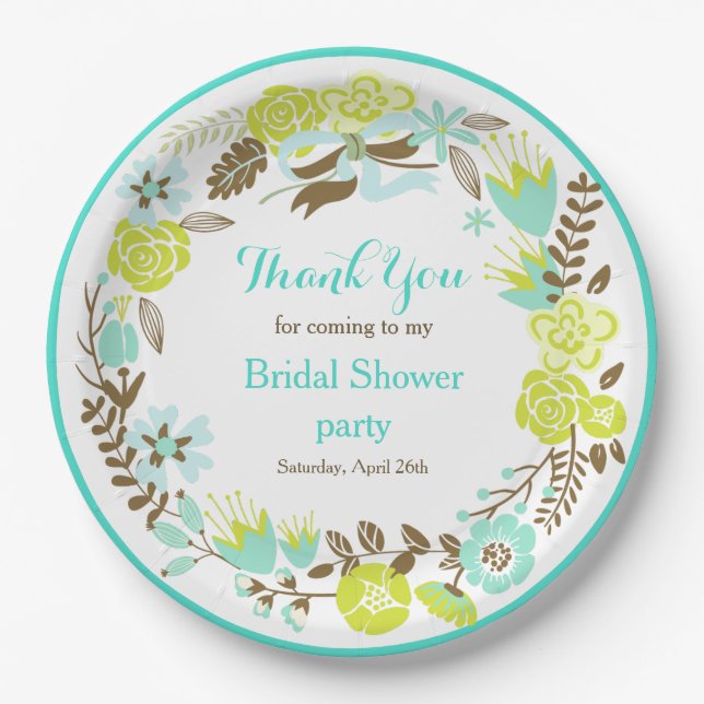 Green & Brown Floral Wreath Bridal Shower Paper Plates (Front)