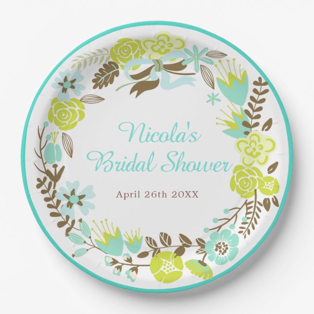 Green & Brown Floral Wreath Bridal Shower Paper Plates (Front)
