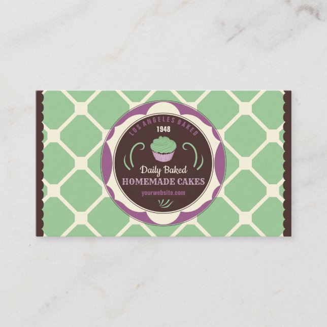 Green Brown Geometric Cupcake Chef Business Card (Front)