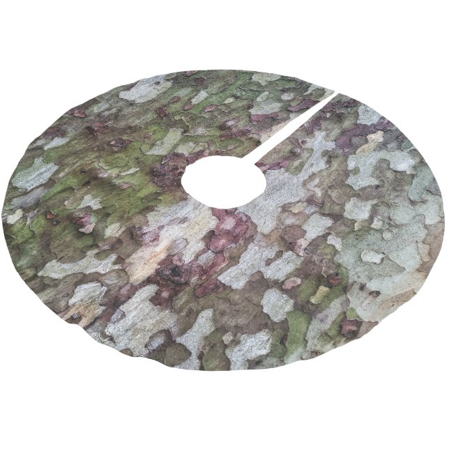 Green brown gray camouflage wood bark camo brushed polyester tree skirt (Angled)