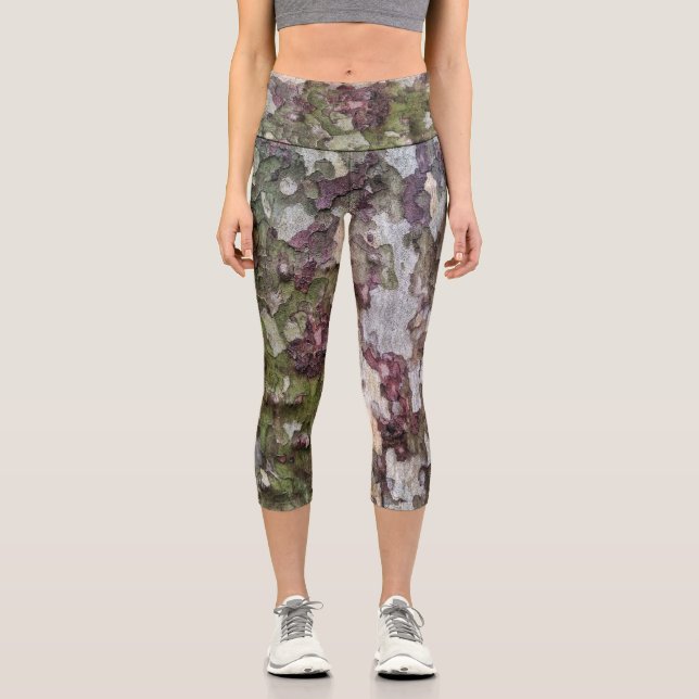 Green brown gray camouflage wood bark camo capri leggings (Front)