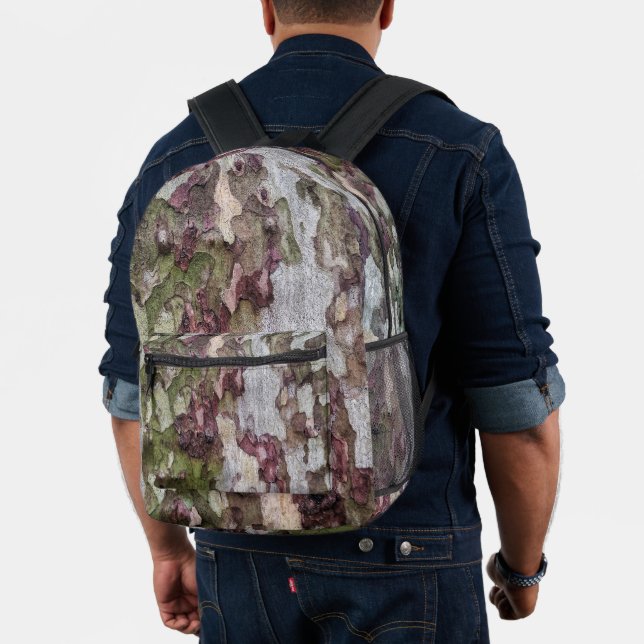 Green brown gray camouflage wood bark camo printed backpack (Insitu (Model))