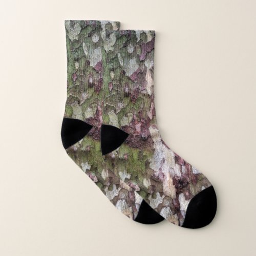 Green brown gray camouflage wood bark camo socks