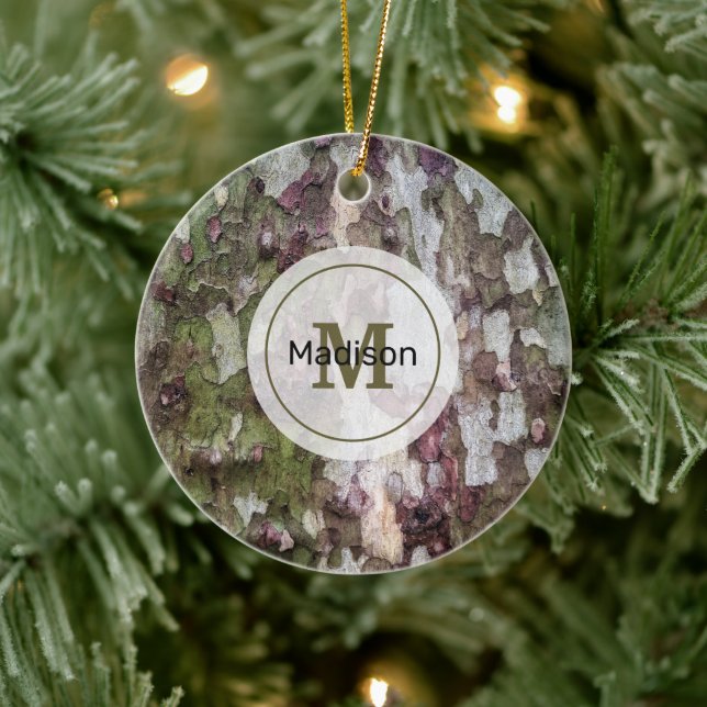 Green brown gray camouflage wood bark Monogram Ceramic Ornament (Tree)
