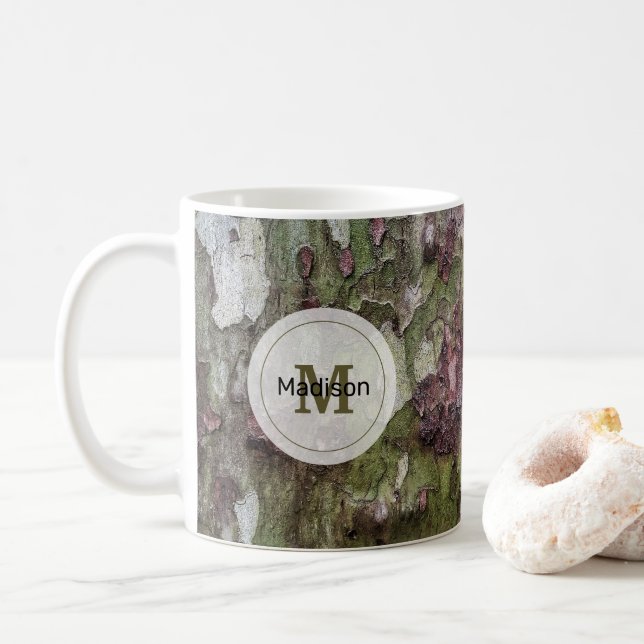 Green brown gray camouflage wood bark Monogram Coffee Mug (With Donut)