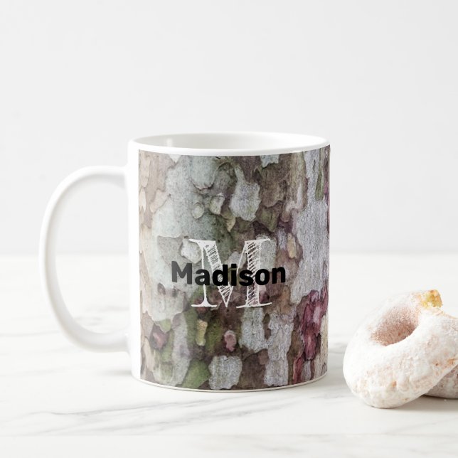 Green brown gray camouflage wood bark Monogram Coffee Mug (With Donut)