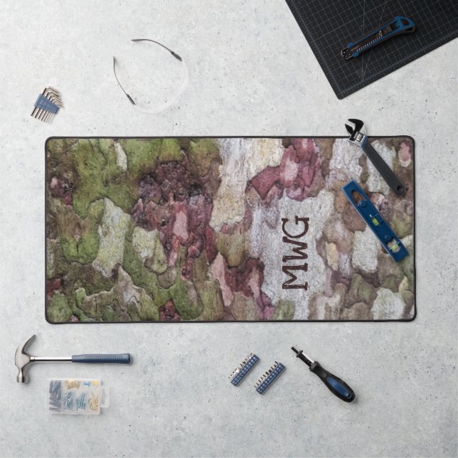 Green brown gray camouflage wood bark Monogram Desk Mat (Workstation)