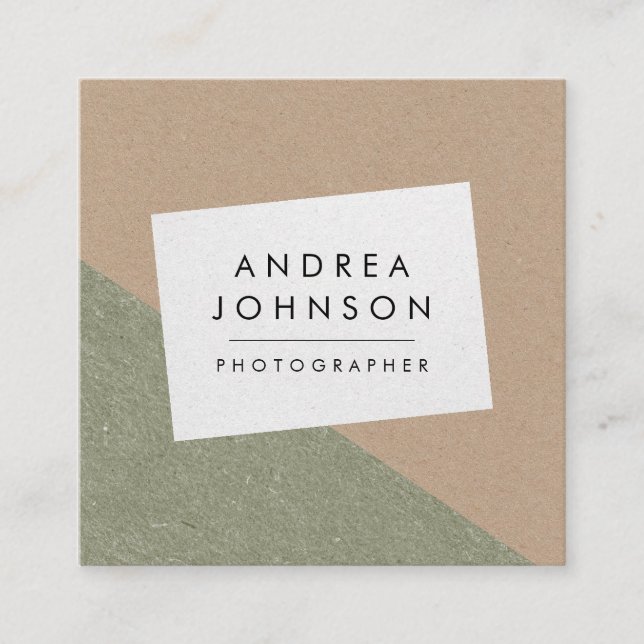 Green Brown Gray Rustic Kraft Geometric Modern Square Business Card (Front)