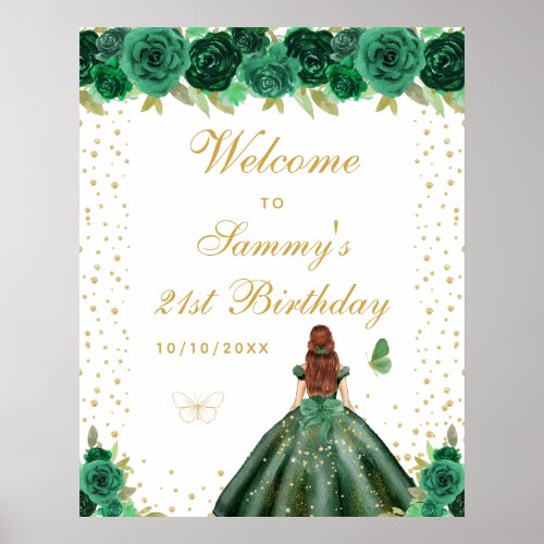 Green Brown Hair Girl Birthday Party Welcome Poster