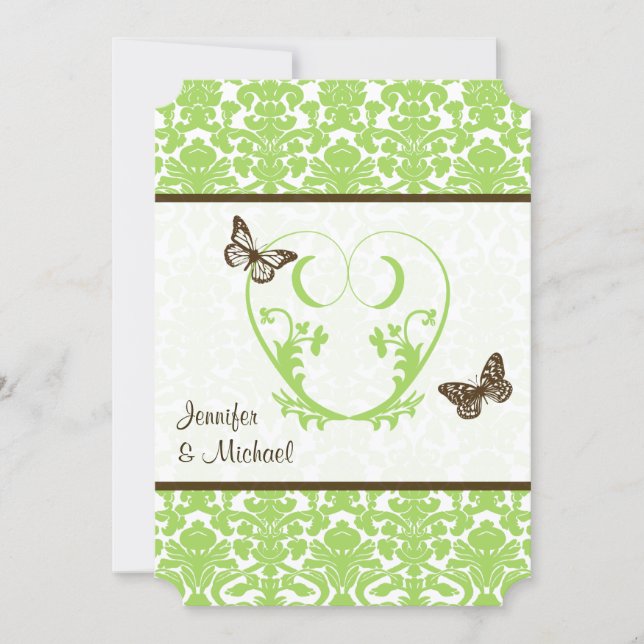 Green, Brown Heart, Butterflies Wedding Invitation (Front)