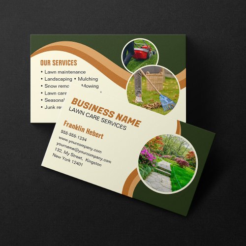 Green Brown Lawn Care Landscaping Mowing 3 Photo Business Card