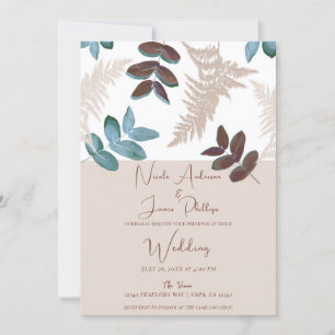 Green & Brown Leaves Cream Ecru Wedding Invitation