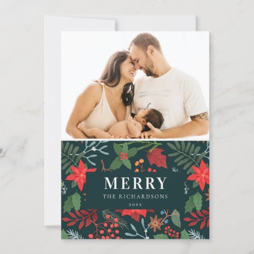 Green Brown Merriest Christmas Flora Pattern Photo Holiday Card