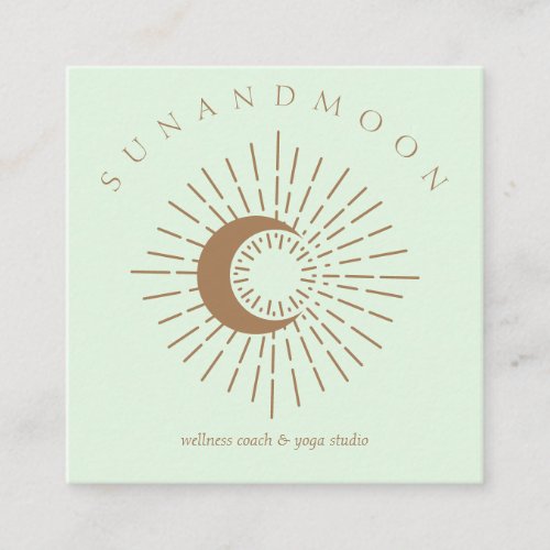 Green Brown Minimal Modern Celestial Sun Moon Square Business Card