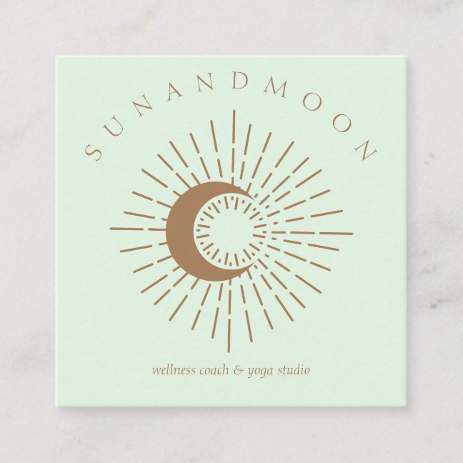 Green Brown Minimal Modern Celestial Sun Moon Square Business Card