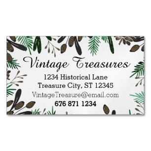 Green Brown Mint Color Pine Cones Ferns Pattern Magnetic Business Card