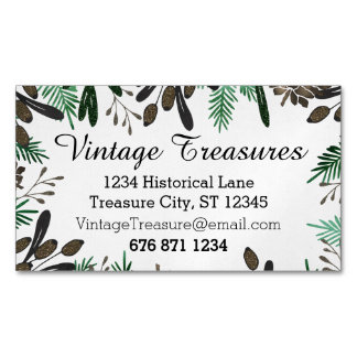 Green Brown Mint Color Pine Cones Ferns Pattern Magnetic Business Card