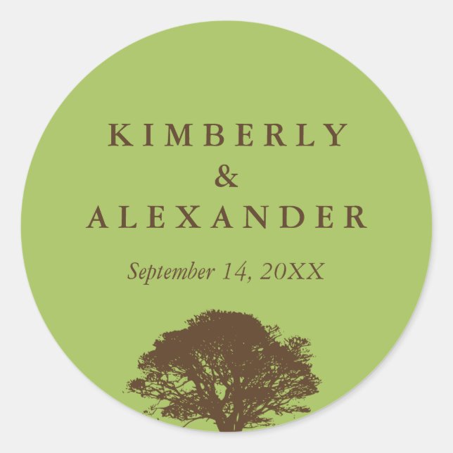 Green brown oak tree wedding favor label seal (Front)