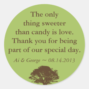 Green brown oak tree wedding quote favor label