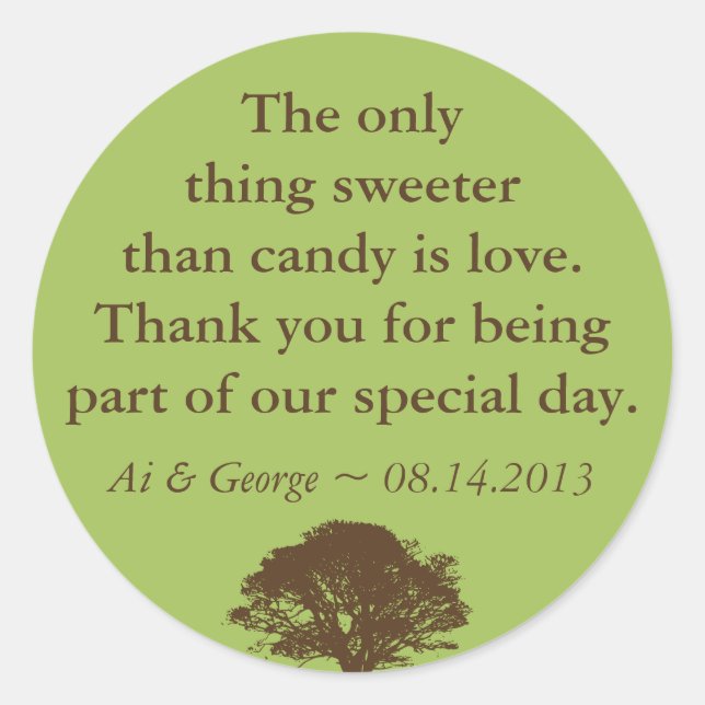 Green brown oak tree wedding quote favor label (Front)